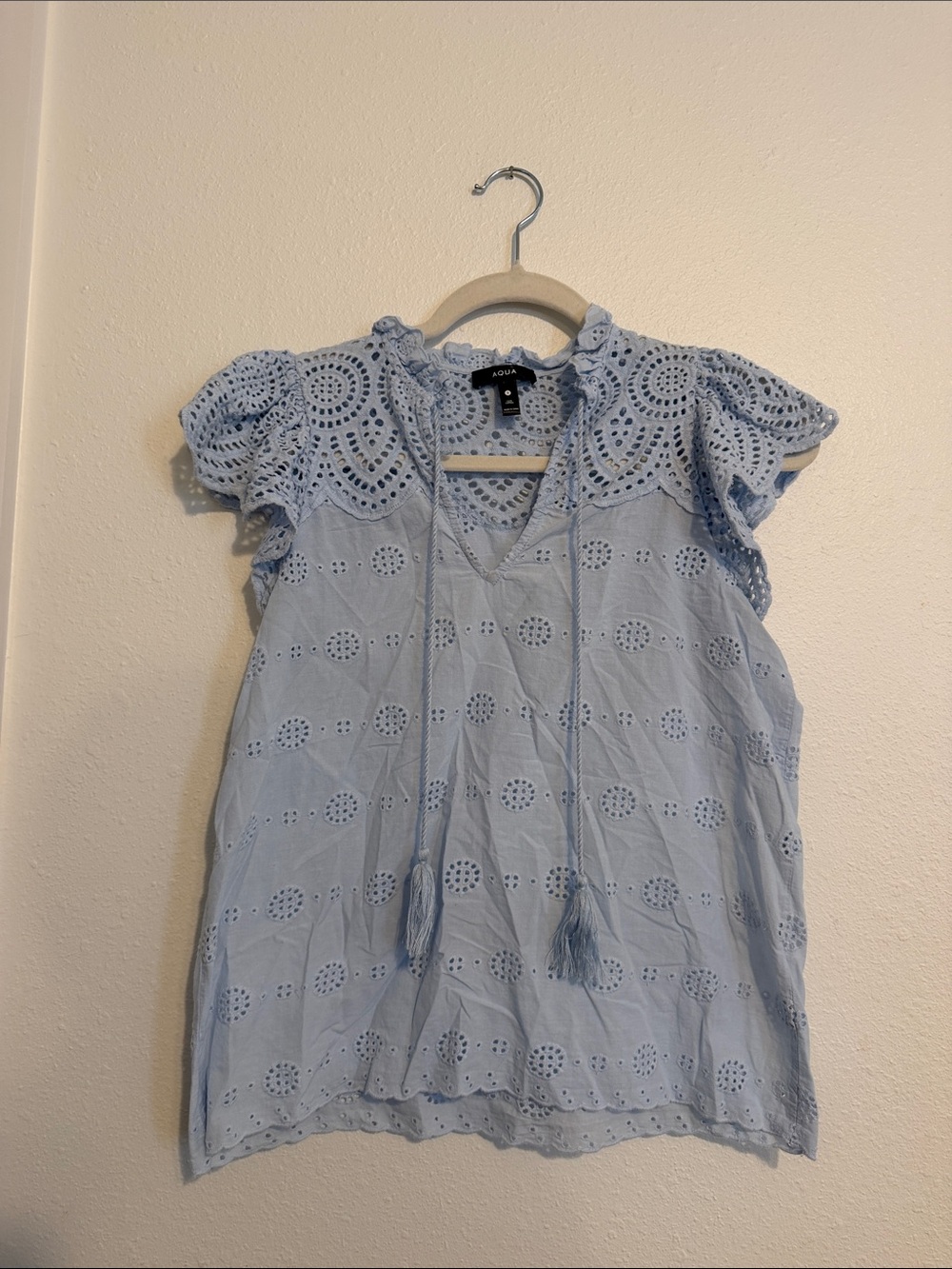Aqua Light Blue Eyelet Tie-Neck Blouse